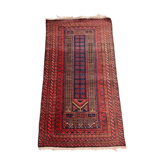 Antique Afghan Hand-Knotted Prayer Rug, Hand-Spun Wool Pile on Cotton, Geometric Red and Navy, 91 x 160 cm
