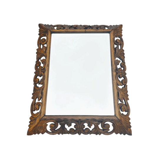Vintage Hand-Carved Timber Wall Mirror with Bevelled Glass, Open Fretwork and Restored Walnut Finish
