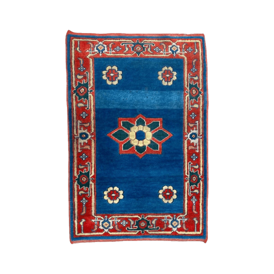 Vintage Handmade Wool Rug, Royal Blue Ground with Decorative Pattern – 120 x 79 cm