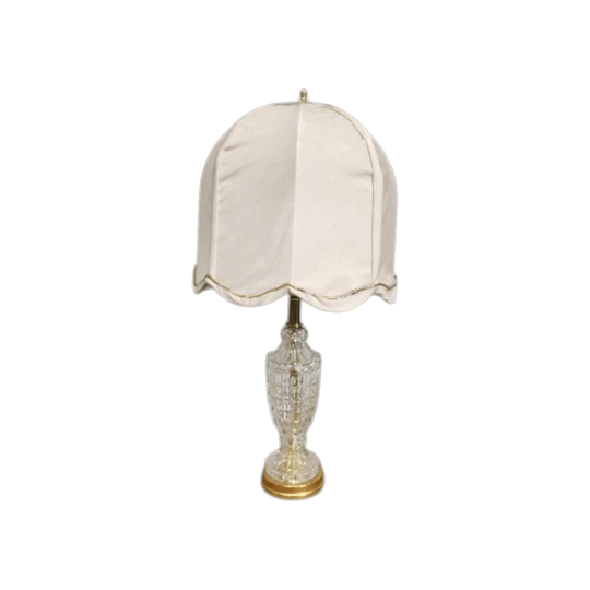 Vintage Cut Crystal Table Lamp with Brass Accents and Original Linen Shade – Hollywood Regency / Mid-Century Traditional