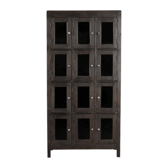 Dark-Stained Cabinet with Twelve Glass-Fronted Doors and Four Shelves