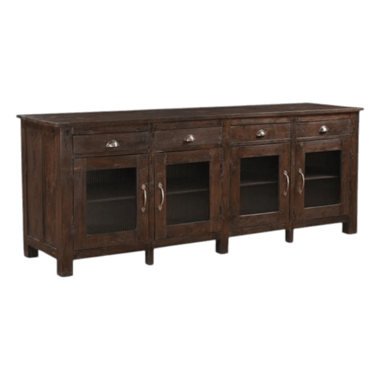 Dark-Stained Teak Sideboard with Brass Fittings and Fluted Glass Doors #1773
