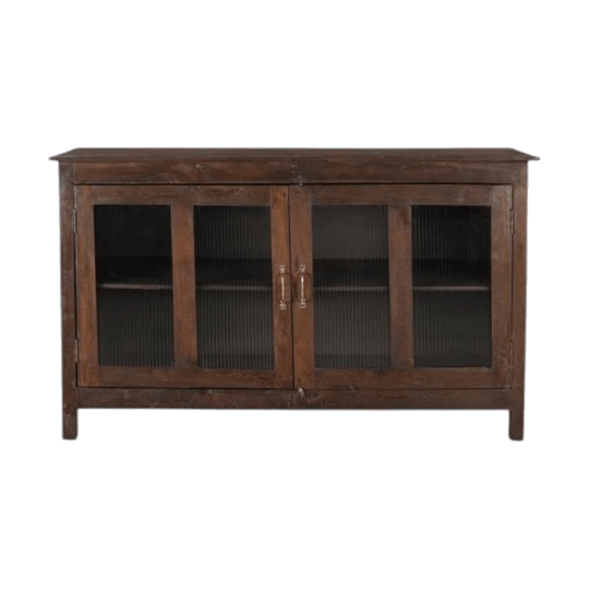 Small Wooden Sideboard with Two Fluted Glass Doors and Brass Handles