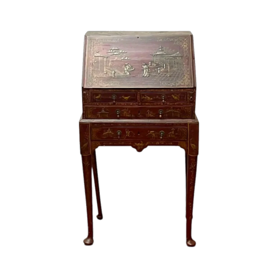 English Georgian Oak Chinoiserie Drop-Front Writing Bureau on Stand, 18th Century