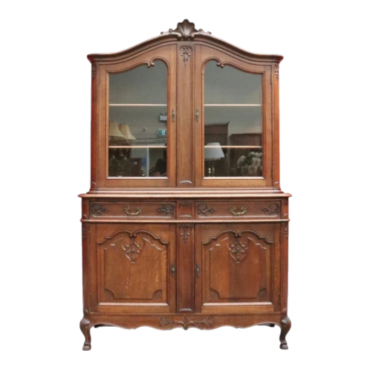Antique French Oak Two-Height China Cabinet or Bookcase with Glass Doors, c. 1930