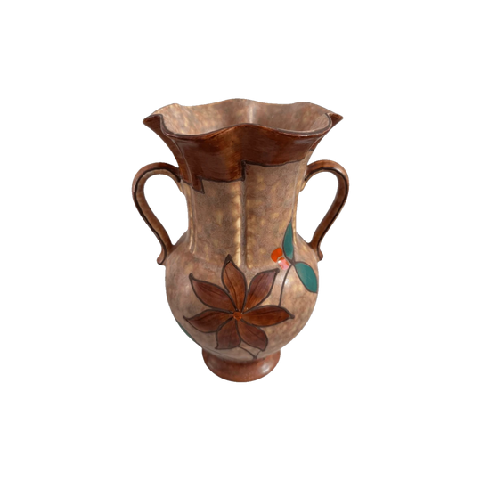 Vintage Czechoslovakian Hand-Painted Pottery Vase, Two Handles, Scalloped Rim, Floral Motif, 26 cm