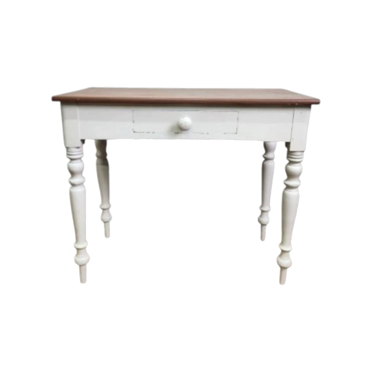 French Country Hall Table – Painted White Base, Natural Timber Top, Faux Drawer