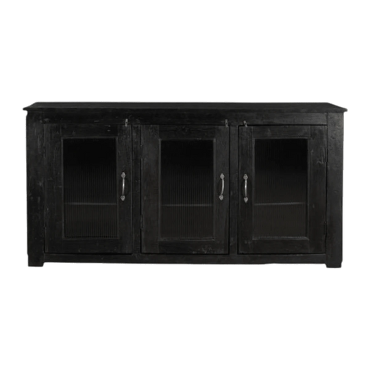 Dark-Stained Teak Three-Door Glass-Fronted Sideboard with Brass Handles