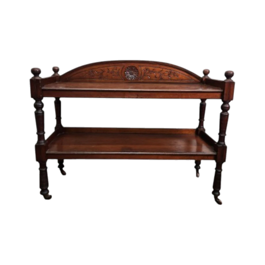 Edwardian-Style Two-Tier Colonial Cedar Servery / Dumb Waiter with Arched Gallery, Carved Detail and Original Castors