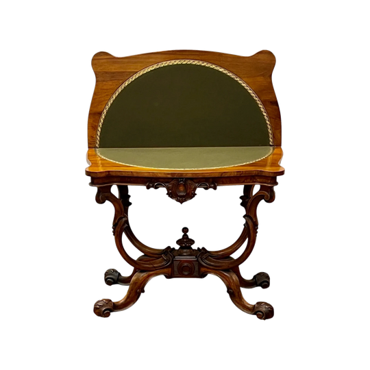 Antique English Mid-Victorian Walnut Card Table, c.1850 – Serpentine Top, Baize Interior, Carved Rococo Base