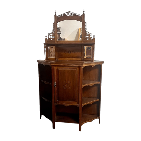 Antique Victorian-Style Solid Oak Sideboard Buffet Cabinet with Three-Mirror Back, Made in Australia