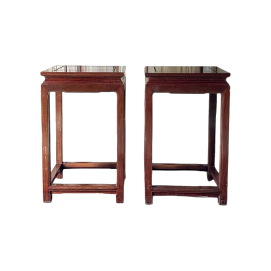 Pair of Solid Timber Oriental-Style Pedestal Tables, Mahogany Tone