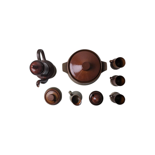 Dana Safari 1970s Australian Stoneware Tea Set – Teapot, Milk Jug, Lidded Sugar Bowl and 3 Mugs – Brown Glaze with Textured Grey Base