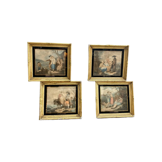 Set of 4 Antique Peasant Prints, Irish/English/Scottish/Welsh, Black and Gold Painted Glass, Gilded Wooden Frames, c.1900
