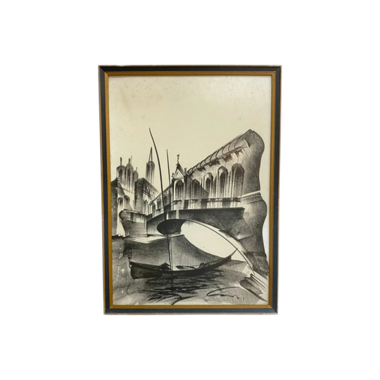 1950s Mid-Century Venetian Black and White Framed Print – Boat Under Bridge, Gold-Coloured Frame