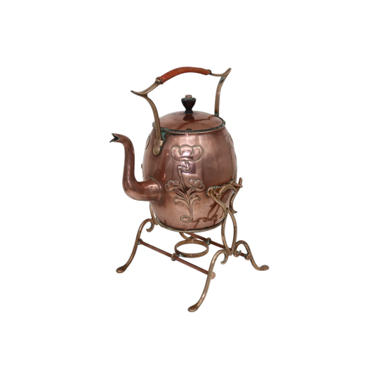 Art Nouveau copper and brass spirit kettle on stand