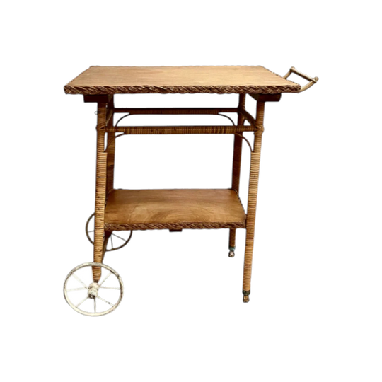 Vintage 1940s Cane & Wood Drinks Trolley in the Style of Robert Wengler