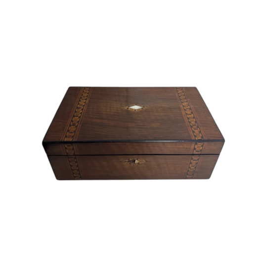Antique Victorian Writing Box, c. 1870s, Tunbridgeware-Style Geometric Inlay, Original Fittings and Glass Ink Bottles