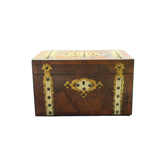Antique Victorian Walnut and Brass Cigar / Tantalus Box with Cut Crystal Insert