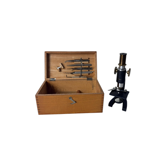 Vintage Compound Microscope marked "X350" with Original Wooden Box and Tools, 20 cm