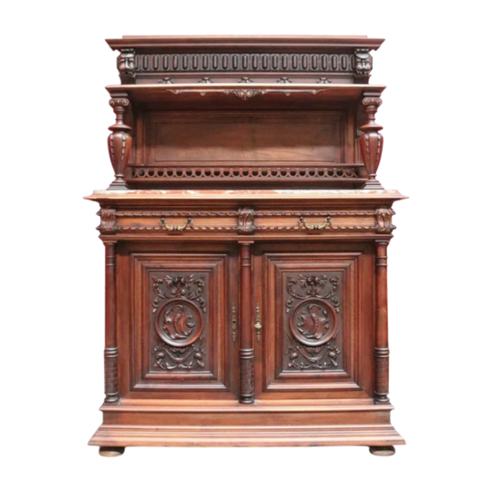 Antique French Walnut Servery or Sideboard with Marble Top and Plate Rack, c. 1870