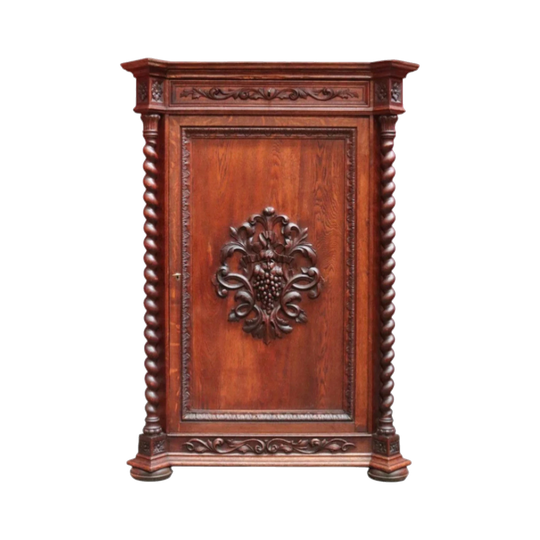 Antique French Oak Hall Cabinet with Barley-Twist Columns, Single Door, c. 1880