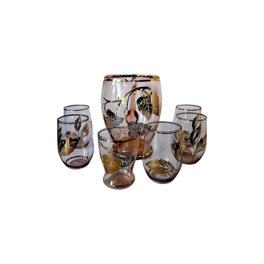 Bohemia Lemonade Set, Pink‑Amber Pitcher with Gold Foliage and Six Glasses, 1950s