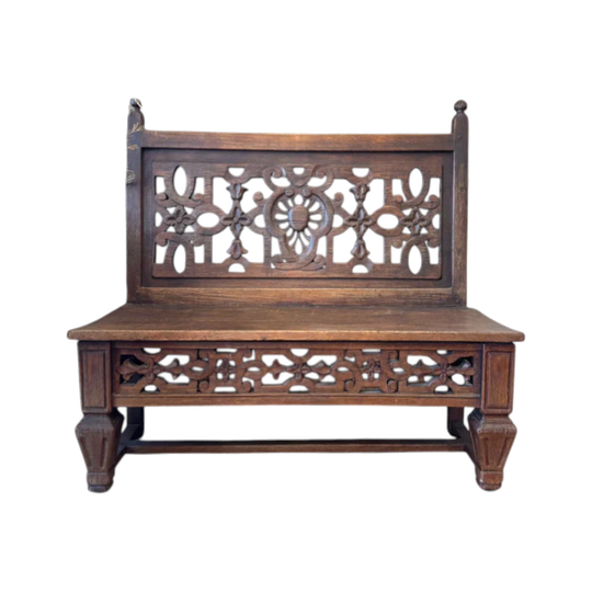 Circa 19th Century Handcrafted Carved Solid Wood Bench