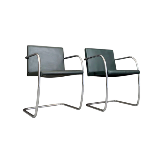 Vintage Brno Style Tubular Steel Armchairs, Thin Pad, Green Leather, Australian Production