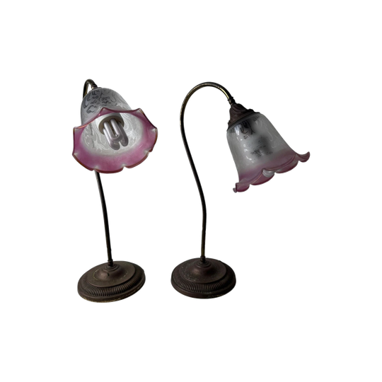 Pair of Vintage Art Deco Brass Table Lamps with Pink Frosted Glass Tulip Shades