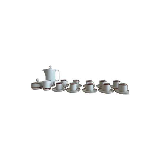 Vohenstrauss Johann Seltmann Bavarian Porcelain Coffee Set, 23-Piece, White with Red Band and Silver Trim, Germany