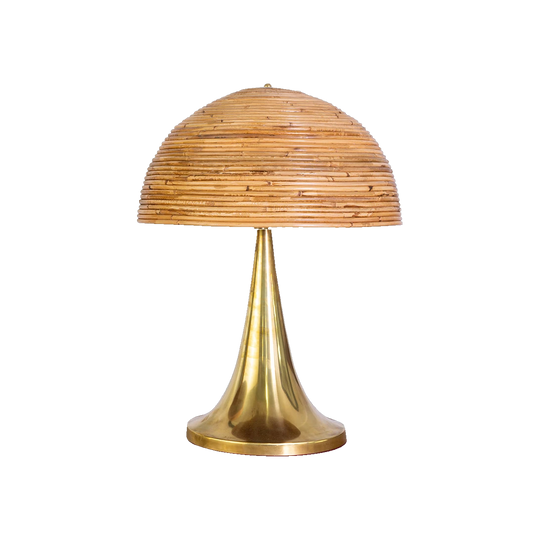 Pair of Brass Lamps in the Manner of Gabriella Crespi with Coiled Rattan Mushroom Shades