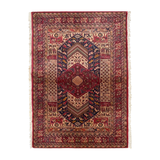 Mashhad Persian Silk Carpet, Qashqai Pattern, 100% Hand‑Spun Silk, Approx. 850 Knots per Square Inch, Over 35 Years Old