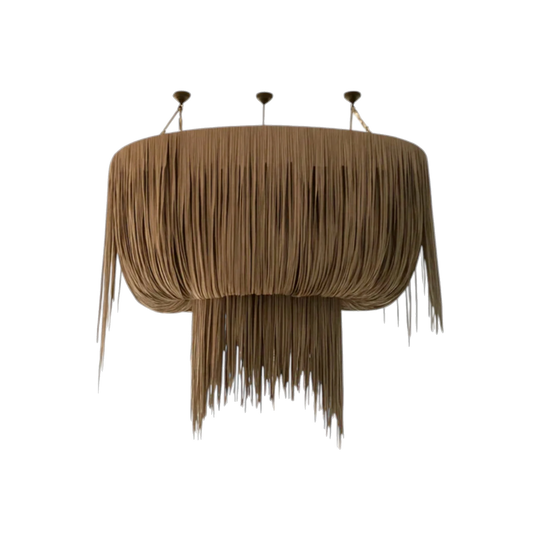 Large Oval Urchin Leather Chandelier – Handcrafted Leather Fringe Pendant Light