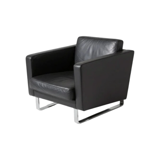 EJ 56 Armchairs by Erik Jørgensen, Manufactured in Australia by Woodmark – Black Leather, Brushed Steel Sled Base (Set of Two)