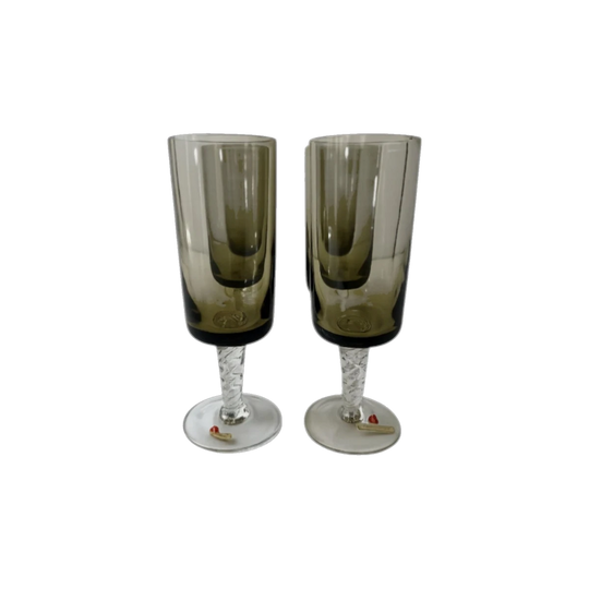 Vintage Italian Smoky Olive Green Wine Goblets – Set of 6 with Twisted Clear Stems, Made in Italy