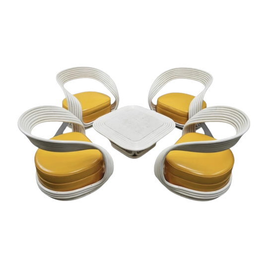 Eva Chair Setting (Set of 4) with Coffee Table by Giovanni Travasa for Bonacina, Early Seven-Ribbon Variant, 1965