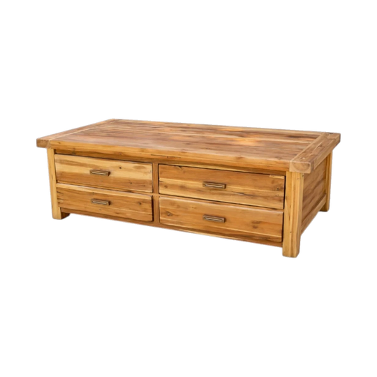 Solid Timber Coffee Table with 4 Storage Drawers – Rustic-Modern, 120 x 60 cm