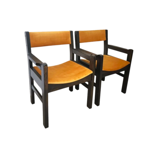 Upcycled Black-Stained Pine Armchair in Mustard Velvet Upholstery
