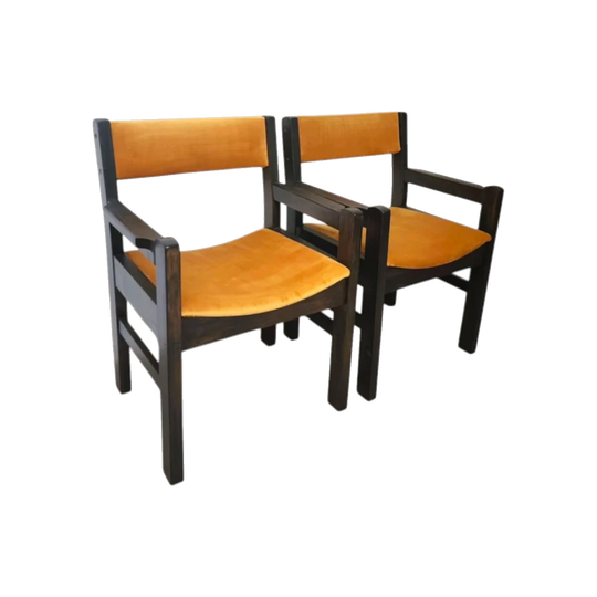 Upcycled Black-Stained Pine Armchair in Mustard Velvet Upholstery