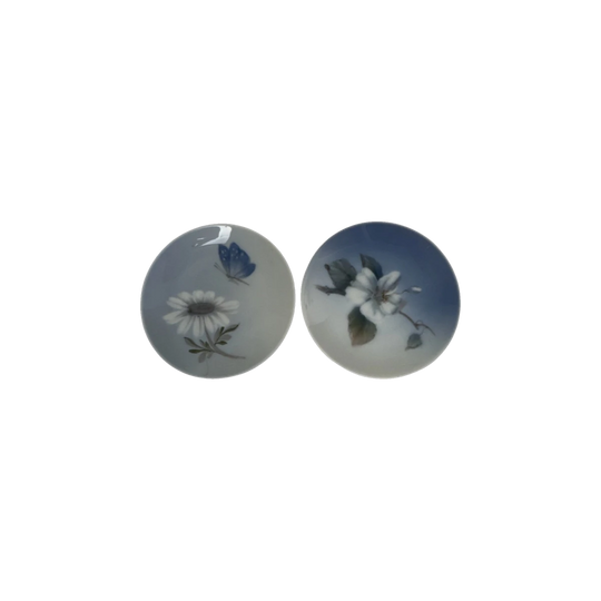 Royal Copenhagen Hand-Painted Blue & White Porcelain Plates, Set of 2, 4 in, Floral & Butterfly, Denmark