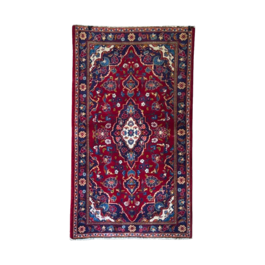 Vintage Hand-Knotted Persian Rug, Red Ground with Central Medallion and Navy Floral Border, 79 x 137 cm