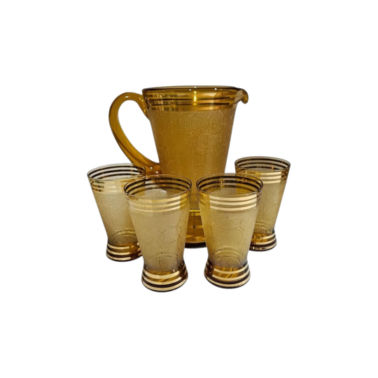 Retro Amber Sugar‑Frosted Pitcher and Four Glasses, c.1950