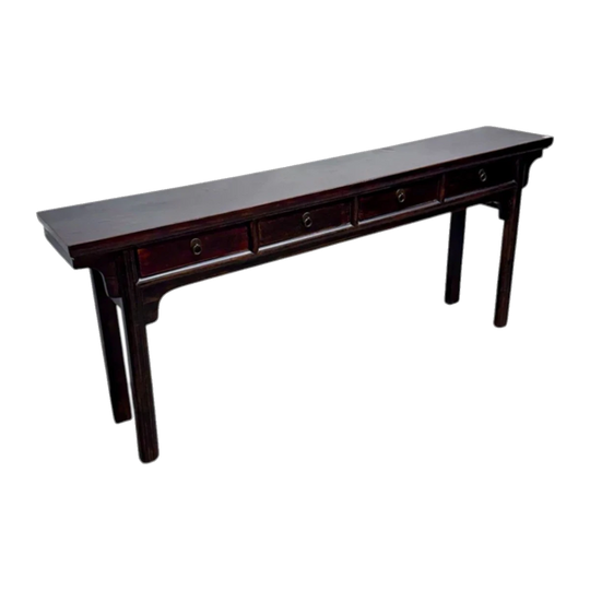 Dark Brown Wood Console with Four Drawers.