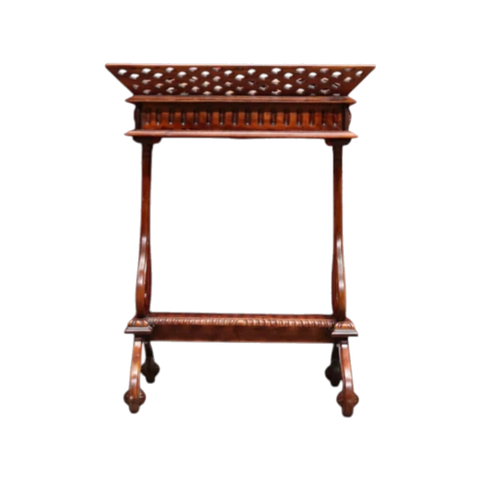 Vintage Chinese Chippendale Style Mahogany Plant Stand/Jardiniere with Fretwork Basket Top, Lower Tier and Scroll Legs