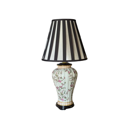 Vintage Glazed Ceramic Floral Table Lamp with Gilt Detailing and Black-Neutral Striped Shade