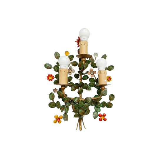 Vintage Italian Mid-Century Hand-painted Metal Floral Wall Light