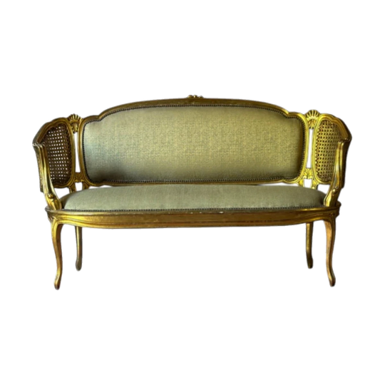 Vintage French Louis XV–Style Giltwood Salon Settee with Caned Sides