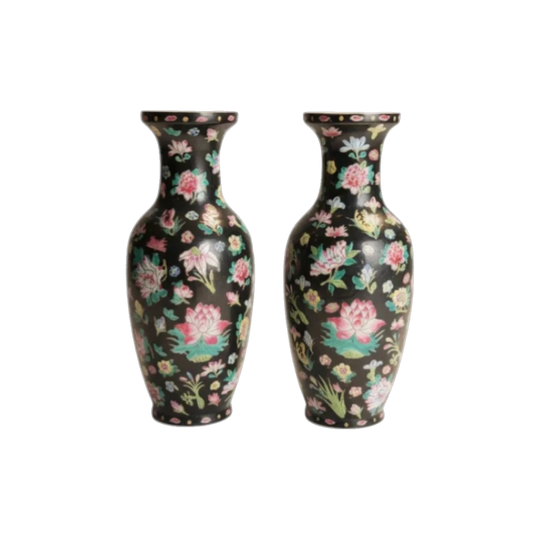 Pair of Late 20th-Century Chinese Export Famille Noire Floral Vases, Black Ground