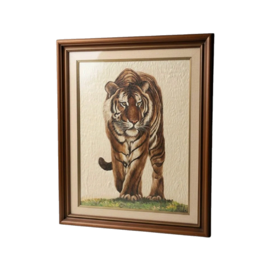 1970s–80s Feather Mosaic Tiger Artwork, Signed ‘OL JOHS’, After 1984 Athena Tiger, Original Timber Frame, Approx. 110 cm